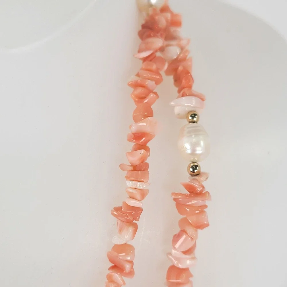 Vintage Pink Coral Chip Necklace Freshwater Pearls 14K Gold Spacers 34